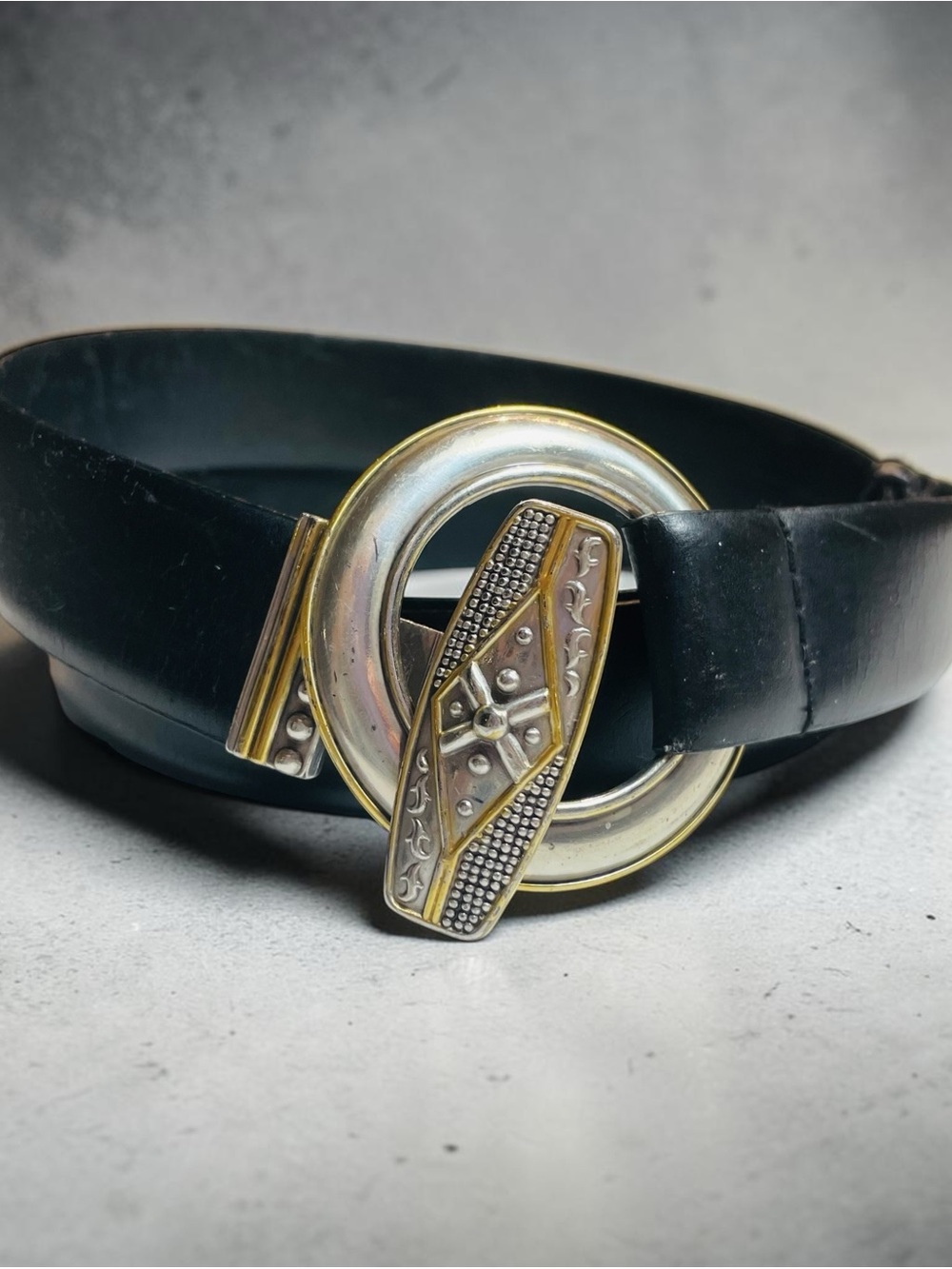 Chico's Black Leather Belt Adjustable with Two-Tone Ornate Metal Buckle size M/L